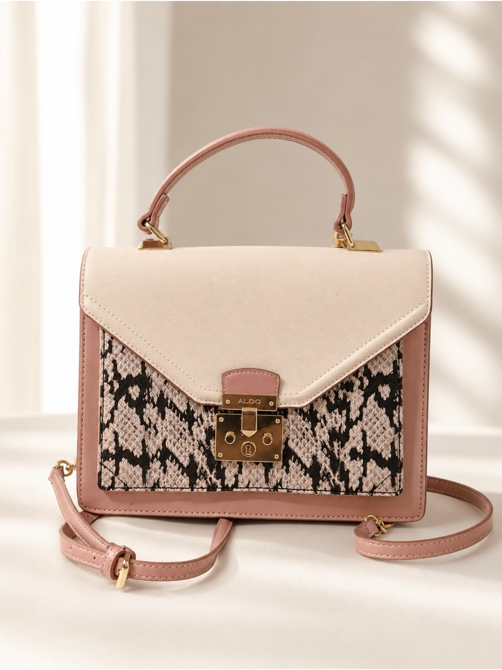 Aldo Pink and Cream Structured Crossbody with Snakeskin Panel